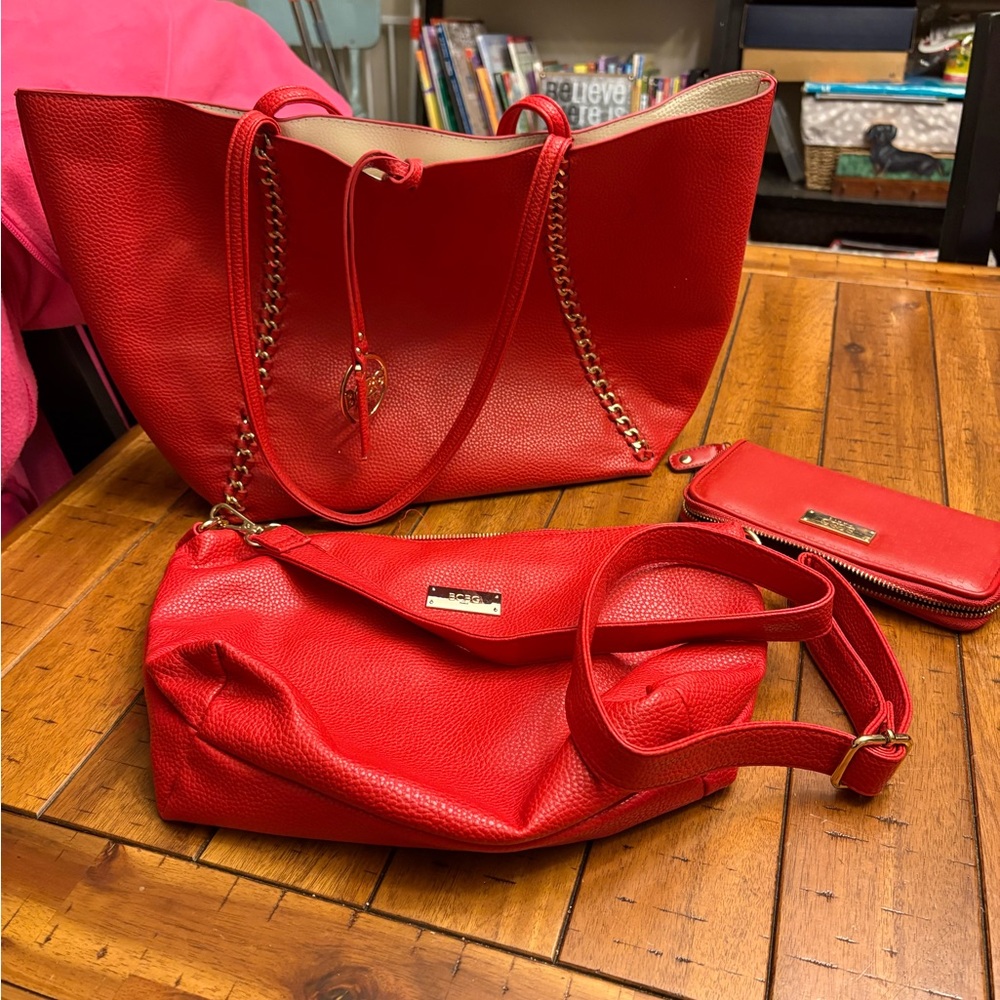 BCBG Red Bag set of 3! Tote, Purse and Wallet!